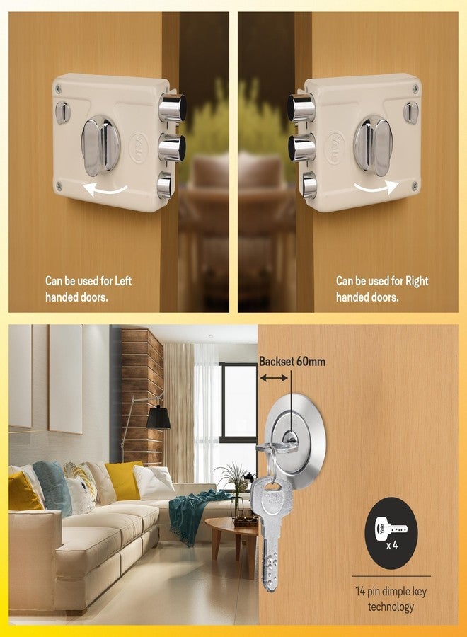 ييل قفل YALE Rim Lock، مزود بقفلين مزلاج وقفل واحد، ومقبض إبهام، وأربعة مفاتيح ذات غمازات (لون عاجي) | قفل باب رئيسي للمنزل/غرفة النوم/المكتب/الفندق (اللون: فضي) - Image 5